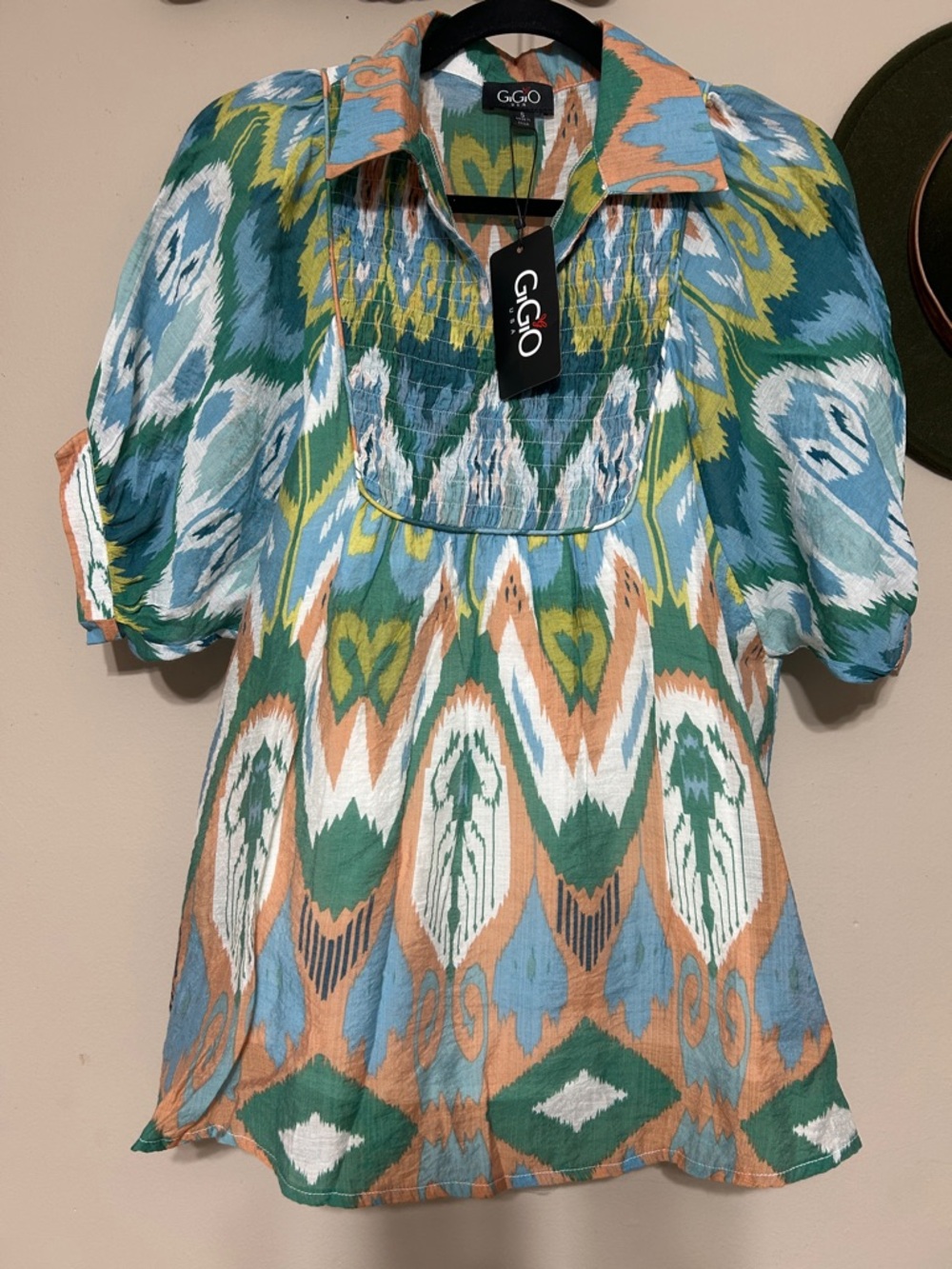G.GIO Multicolor Ikat Short-Sleeve Blouse — Teal, Green & Peach